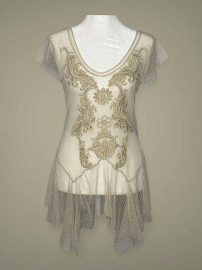 Biya by Johnny Was Embroidered Mesh Handkerchief Hem Top- Size XS